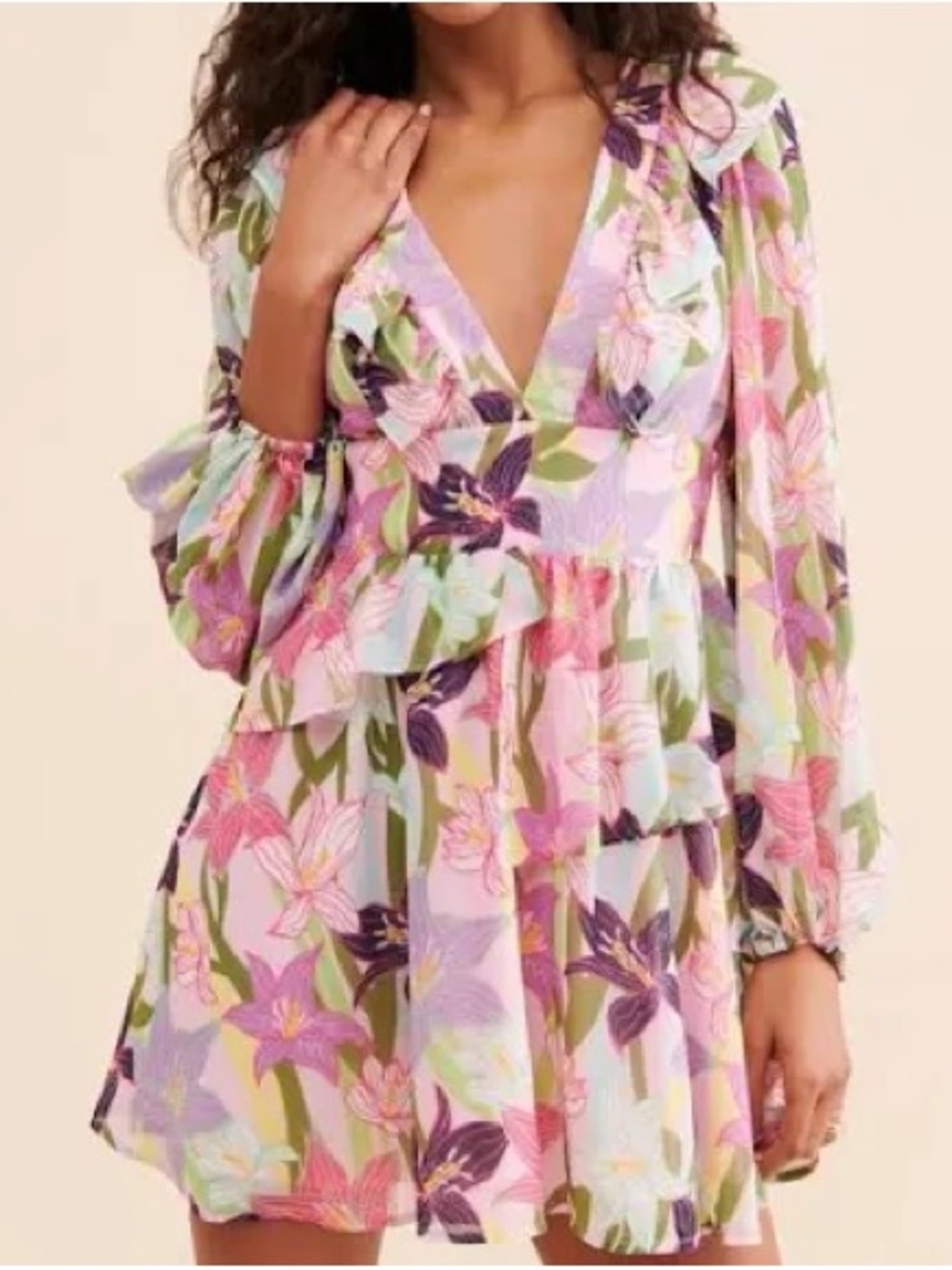 Hutch Pink Multi Floral V-Neck Tiered Mini Dress